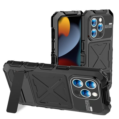 For iPhone 15 Pro Max R-JUST Metal + Silicone + Tempered Glass Life Waterproof Phone Case with Holder(Black) by R-JUST