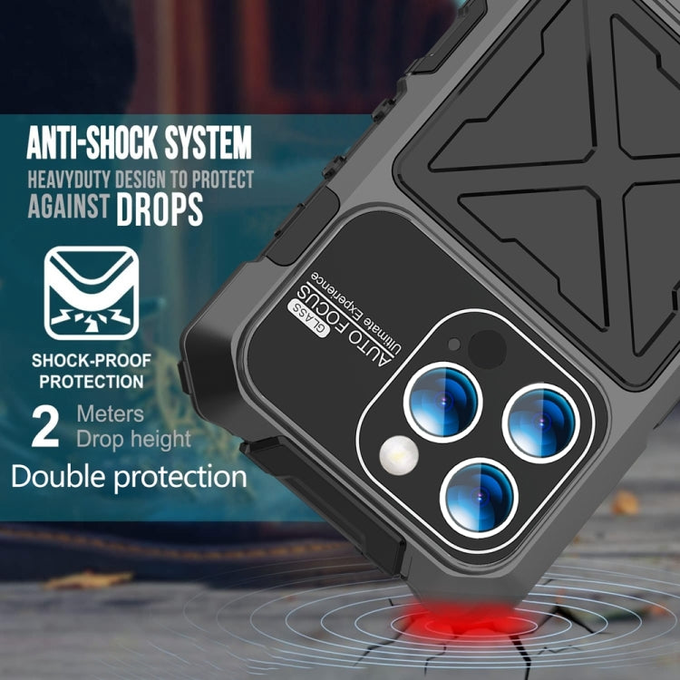 For iPhone 15 Pro Max R-JUST Metal + Silicone + Tempered Glass Life Waterproof Phone Case with Holder(Black) by R-JUST