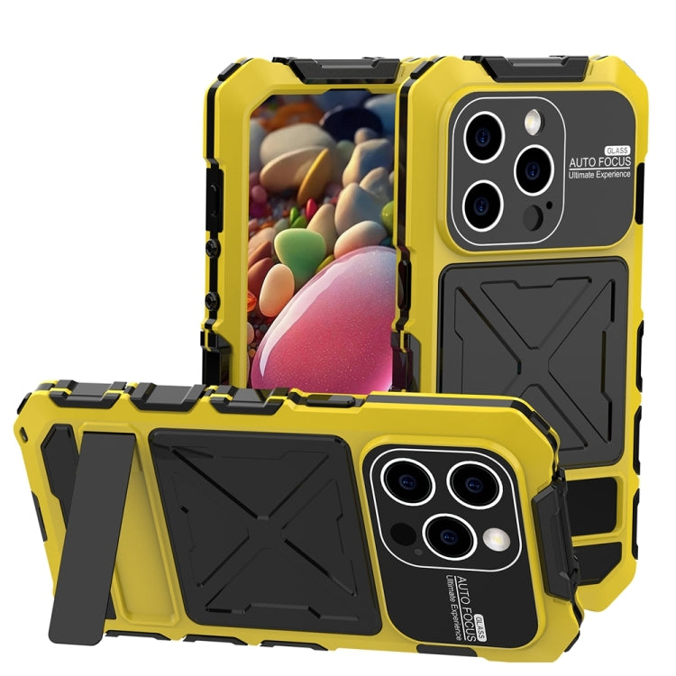 For iPhone 15 Pro Max R-JUST Metal + Silicone + Tempered Glass Life Waterproof Phone Case with Holder(Yellow) by R-JUST