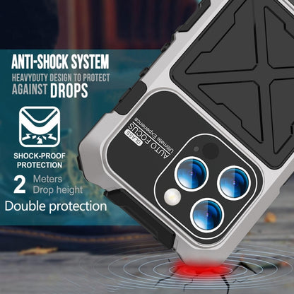 For iPhone 15 Pro Max R-JUST Metal + Silicone + Tempered Glass Life Waterproof Phone Case with Holder(Silver) by R-JUST