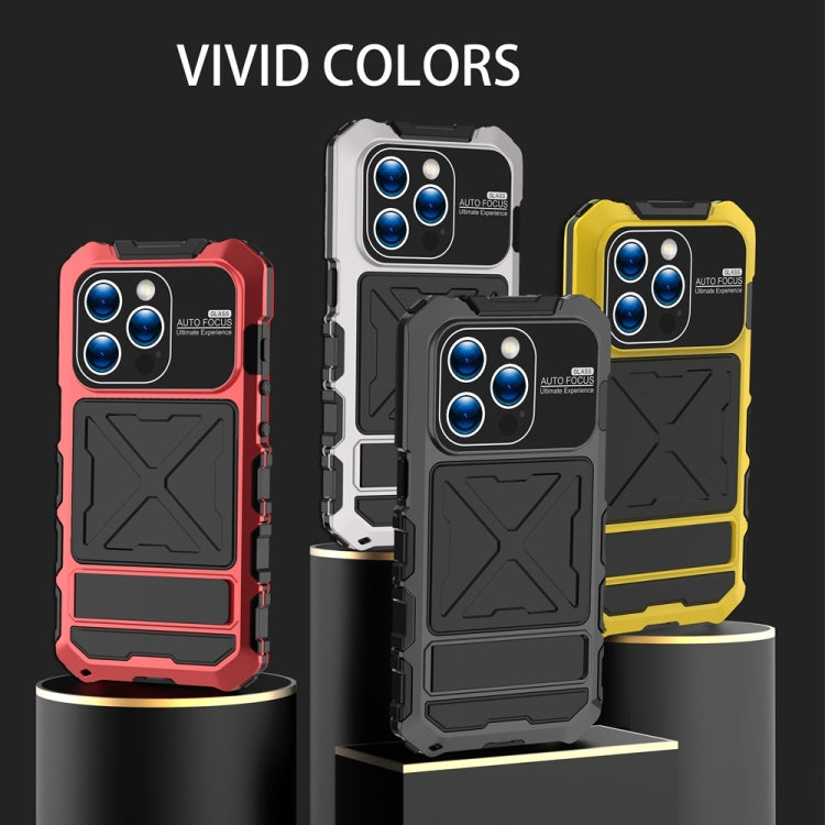 For iPhone 15 Pro R-JUST Metal + Silicone + Tempered Glass Life Waterproof Phone Case with Holder(Black) by R-JUST