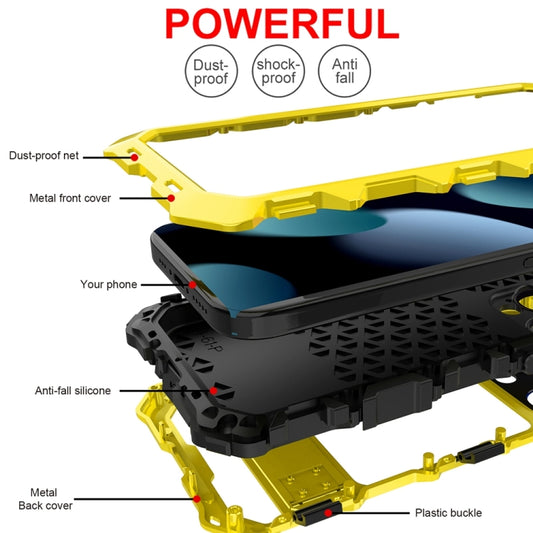 For iPhone 15 Pro R-JUST Metal + Silicone + Tempered Glass Life Waterproof Phone Case with Holder(Yellow) by R-JUST