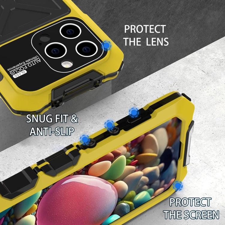 For iPhone 15 Pro R-JUST Metal + Silicone + Tempered Glass Life Waterproof Phone Case with Holder(Yellow) by R-JUST