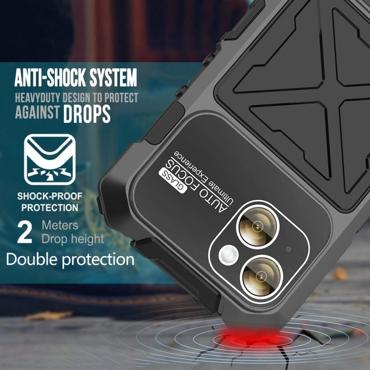 For iPhone 15 Plus R-JUST Metal + Silicone + Tempered Glass Life Waterproof Phone Case with Holder(Black) by R-JUST