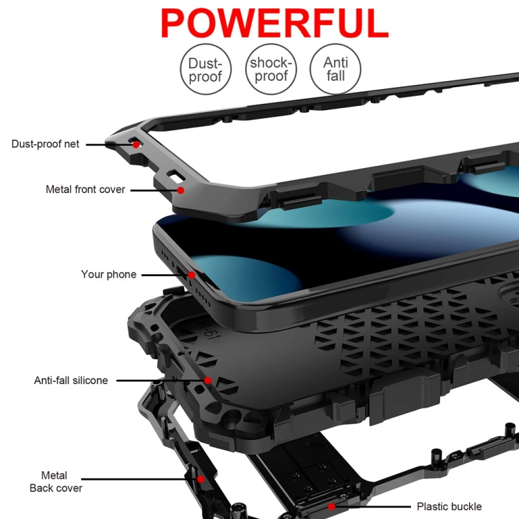 For iPhone 15 R-JUST Metal + Silicone + Tempered Glass Life Waterproof Phone Case with Holder(Black) by R-JUST