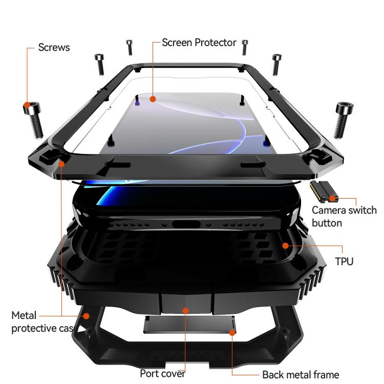 For iPhone 17 Pro Max R-JUST Metal + Silicone + Tempered Glass Life Waterproof Phone Case with Holder(Black) by R-JUST