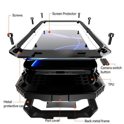 For iPhone 17 Pro Max R-JUST Metal + Silicone + Tempered Glass Life Waterproof Phone Case with Holder(Black) by R-JUST