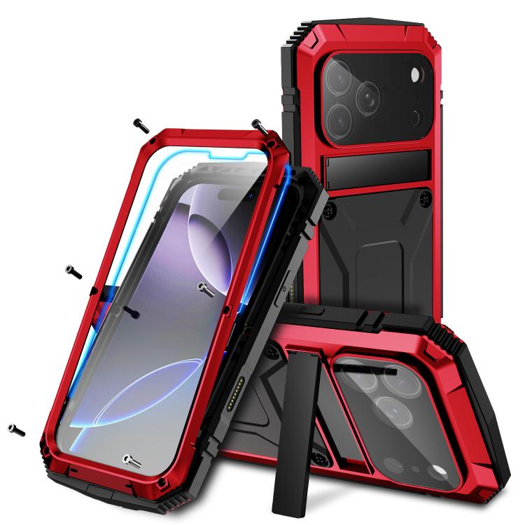 For iPhone 17 Pro Max R-JUST Metal + Silicone + Tempered Glass Life Waterproof Phone Case with Holder(Red) by R-JUST