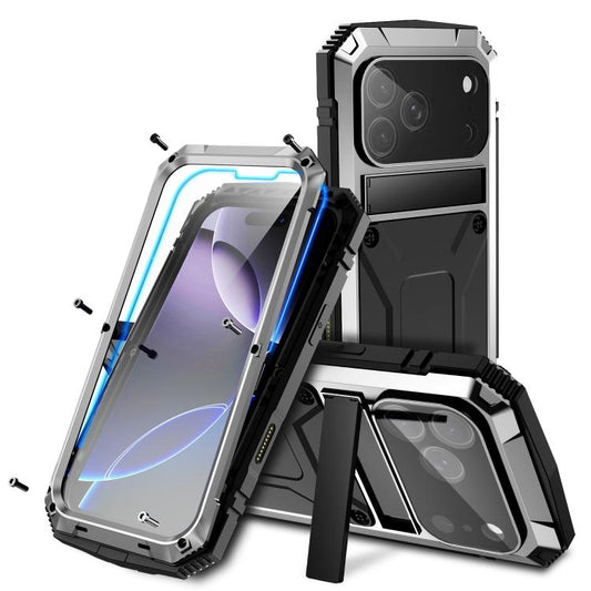 For iPhone 17 Pro Max R-JUST Metal + Silicone + Tempered Glass Life Waterproof Phone Case with Holder(Silver) by R-JUST
