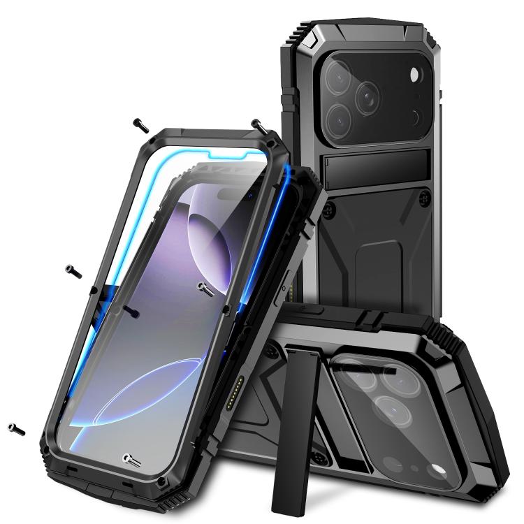 For iPhone 17 Pro R-JUST Metal + Silicone + Tempered Glass Life Waterproof Phone Case with Holder(Black) by R-JUST