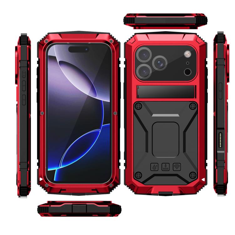 For iPhone 17 Pro R-JUST Metal + Silicone + Tempered Glass Life Waterproof Phone Case with Holder(Red) by R-JUST