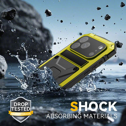 For iPhone 17 Pro R-JUST Metal + Silicone + Tempered Glass Life Waterproof Phone Case with Holder(Yellow) by R-JUST
