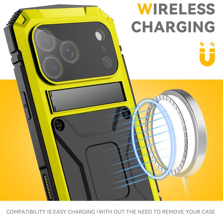 For iPhone 17 Pro R-JUST Metal + Silicone + Tempered Glass Life Waterproof Phone Case with Holder(Yellow) by R-JUST