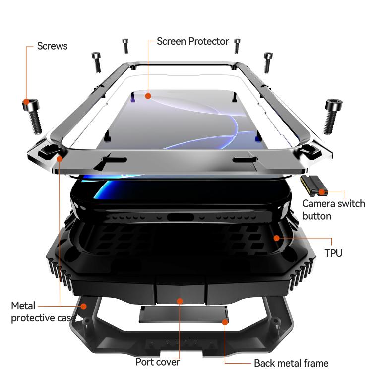 For iPhone 17 Pro R-JUST Metal + Silicone + Tempered Glass Life Waterproof Phone Case with Holder(Silver) by R-JUST