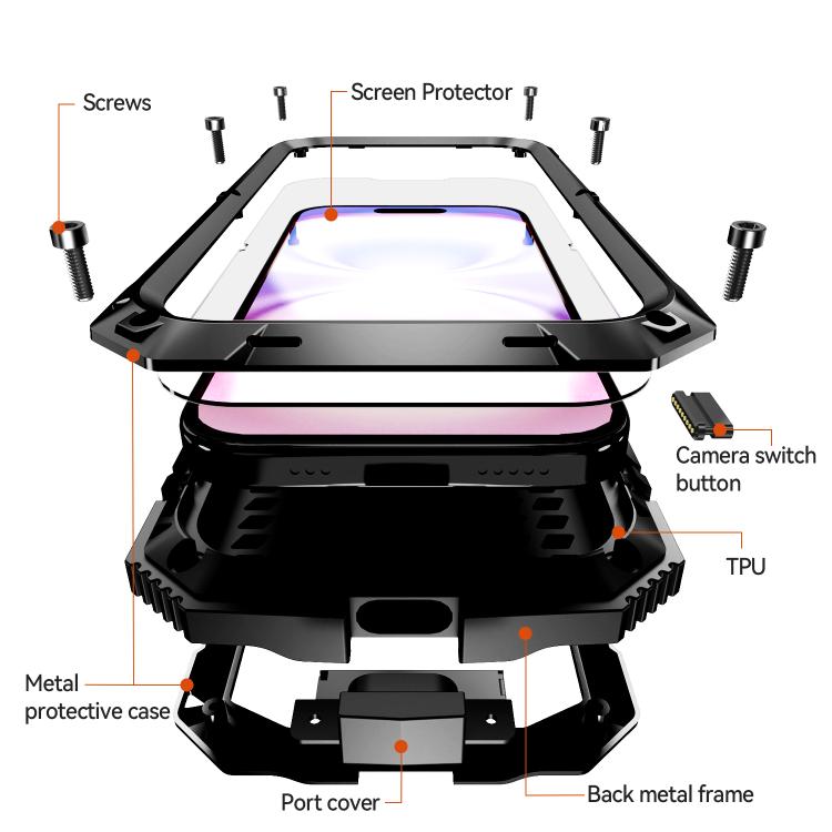 For iPhone 17 R-JUST Metal + Silicone + Tempered Glass Life Waterproof Phone Case with Holder(Black) by R-JUST