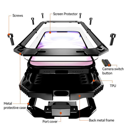 For iPhone 17 R-JUST Metal + Silicone + Tempered Glass Life Waterproof Phone Case with Holder(Black) by R-JUST