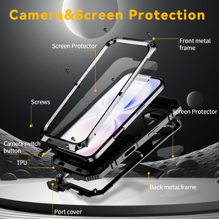 For iPhone 17 R-JUST Metal + Silicone + Tempered Glass Life Waterproof Phone Case with Holder(Black) by R-JUST