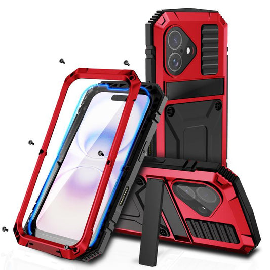 For iPhone 17 R-JUST Metal + Silicone + Tempered Glass Life Waterproof Phone Case with Holder(Red) by R-JUST