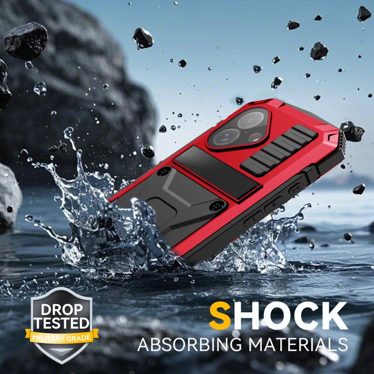 For iPhone 17 R-JUST Metal + Silicone + Tempered Glass Life Waterproof Phone Case with Holder(Red) by R-JUST