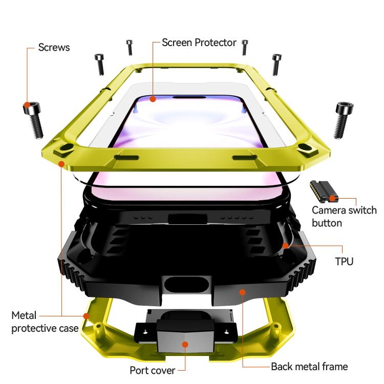 For iPhone 17 R-JUST Metal + Silicone + Tempered Glass Life Waterproof Phone Case with Holder(Yellow) by R-JUST