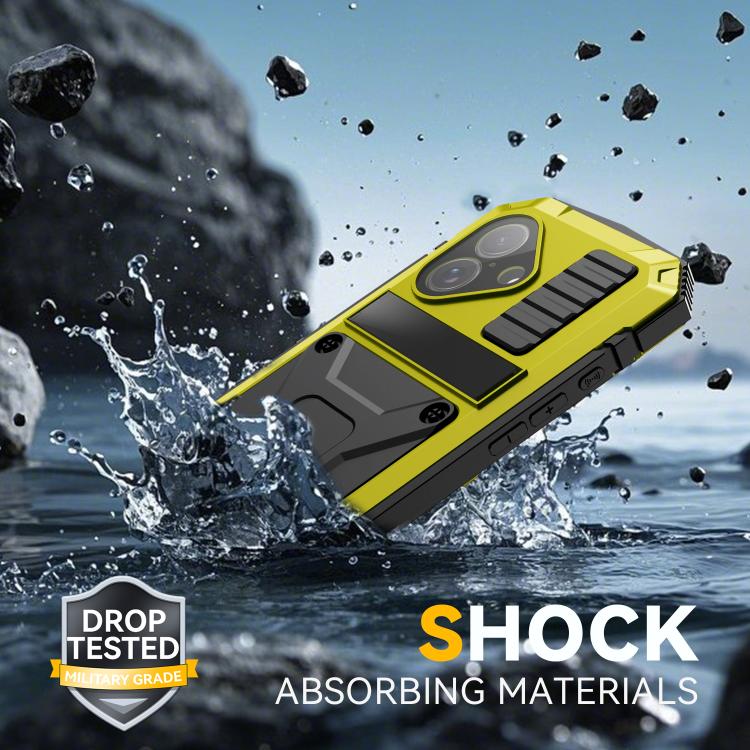 For iPhone 17 R-JUST Metal + Silicone + Tempered Glass Life Waterproof Phone Case with Holder(Yellow) by R-JUST