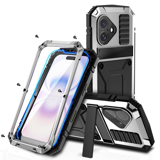 For iPhone 17 R-JUST Metal + Silicone + Tempered Glass Life Waterproof Phone Case with Holder(Silver) by R-JUST