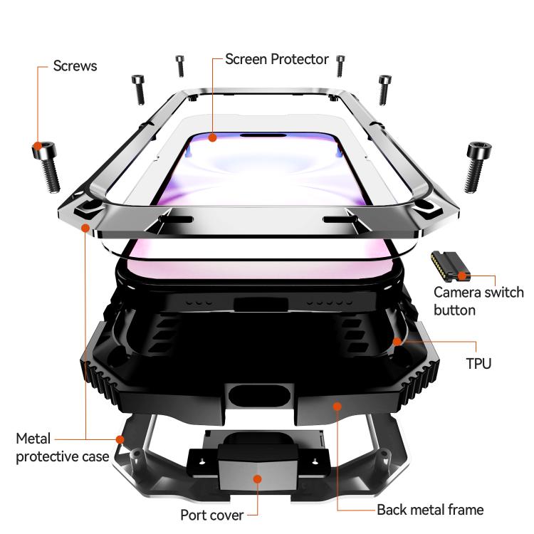 For iPhone 17 R-JUST Metal + Silicone + Tempered Glass Life Waterproof Phone Case with Holder(Silver) by R-JUST