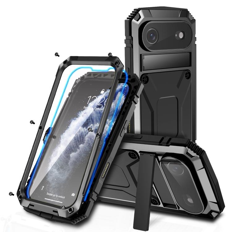 For iPhone Air R-JUST Metal + Silicone + Tempered Glass Life Waterproof Phone Case with Holder(Black) by R-JUST