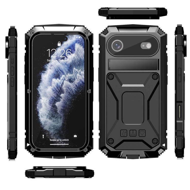 For iPhone Air R-JUST Metal + Silicone + Tempered Glass Life Waterproof Phone Case with Holder(Black) by R-JUST