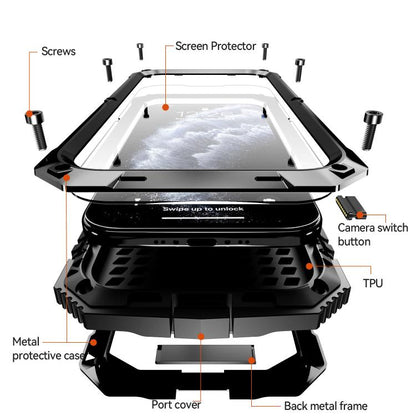 For iPhone Air R-JUST Metal + Silicone + Tempered Glass Life Waterproof Phone Case with Holder(Black) by R-JUST