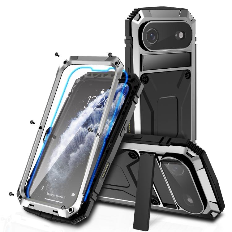 For iPhone Air R-JUST Metal + Silicone + Tempered Glass Life Waterproof Phone Case with Holder(Silver) by R-JUST
