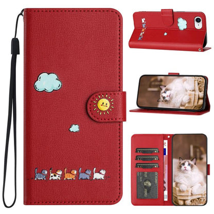 For iPhone 16e Cartoon Cats Leather Phone Case(Red) by bashfashion