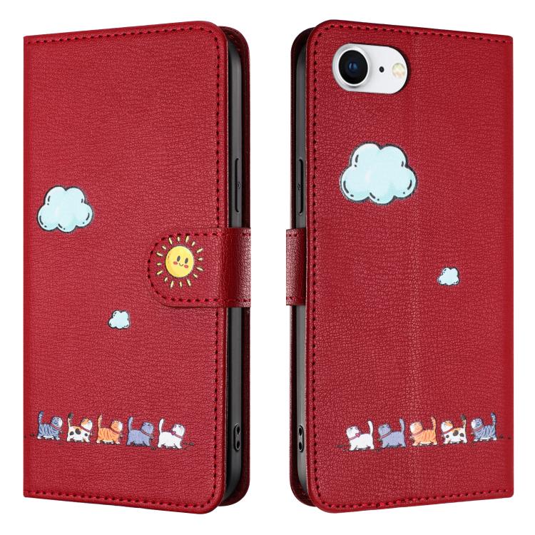 For iPhone 16e Cartoon Cats Leather Phone Case(Red) by bashfashion