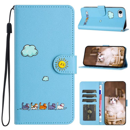 For iPhone 16e Cartoon Cats Leather Phone Case(Blue) by bashfashion