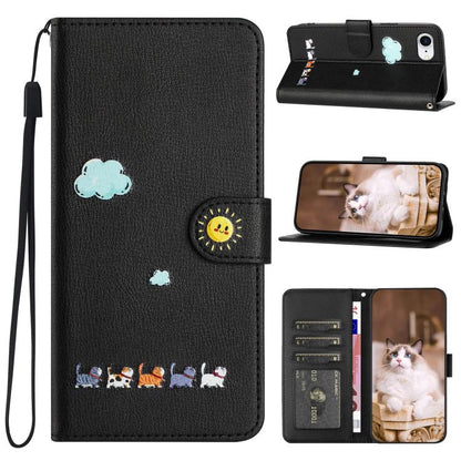 For iPhone 16e Cartoon Cats Leather Phone Case(Black) by bashfashion