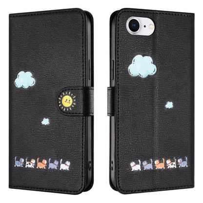 For iPhone 16e Cartoon Cats Leather Phone Case(Black) by bashfashion