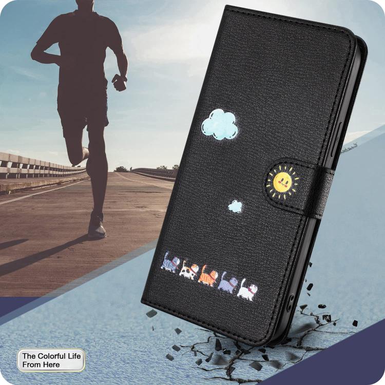 For iPhone 16e Cartoon Cats Leather Phone Case(Black) by bashfashion