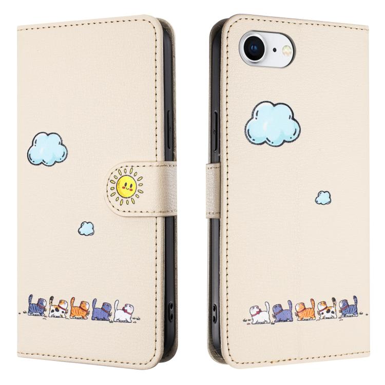 For iPhone 16e Cartoon Cats Leather Phone Case(Beige White) by bashfashion