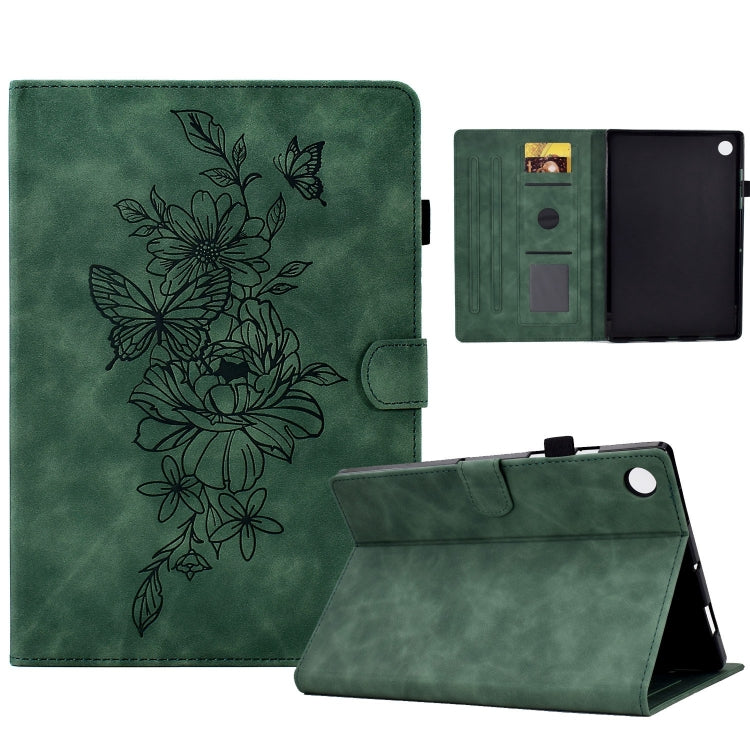 For Samsung Galaxy Tab A11+ / A9+ Peony Butterfly Embossed Leather Smart Tablet Case(Green) by bashfashion