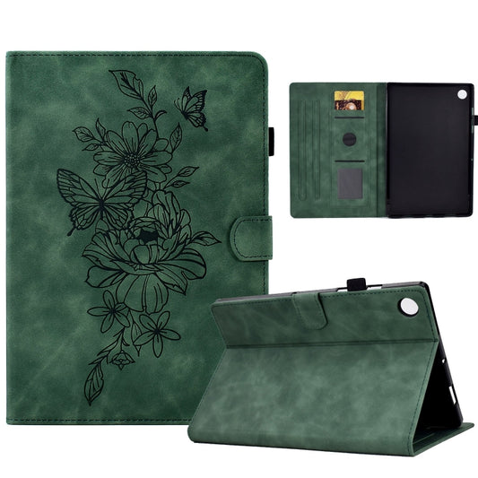 For Samsung Galaxy Tab A11+ / A9+ Peony Butterfly Embossed Leather Smart Tablet Case(Green) by bashfashion