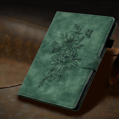 For Samsung Galaxy Tab A11+ / A9+ Peony Butterfly Embossed Leather Smart Tablet Case(Green) by bashfashion