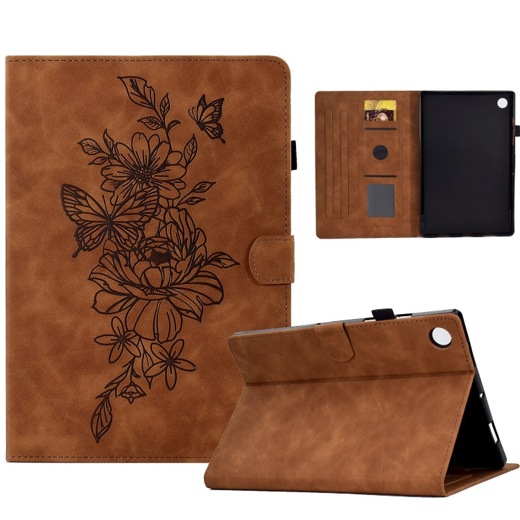 For Samsung Galaxy Tab A11+ / A9+ Peony Butterfly Embossed Leather Smart Tablet Case(Brown) by bashfashion
