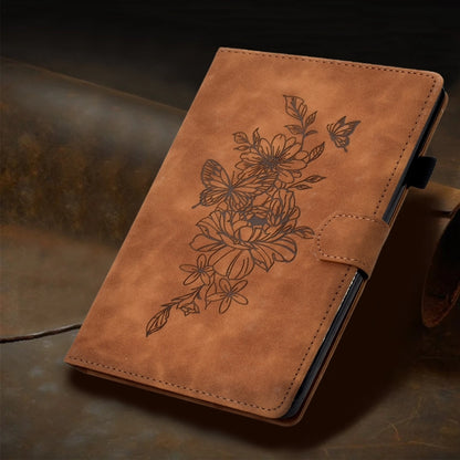 For Samsung Galaxy Tab A11+ / A9+ Peony Butterfly Embossed Leather Smart Tablet Case(Brown) by bashfashion