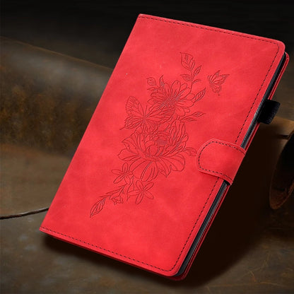 For Samsung Galaxy Tab A11+ / A9+ Peony Butterfly Embossed Leather Smart Tablet Case(Red) by bashfashion