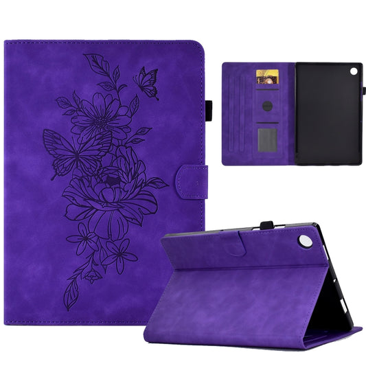 For Samsung Galaxy Tab A11 / A9 Peony Butterfly Embossed Leather Smart Tablet Case(Purple) by bashfashion