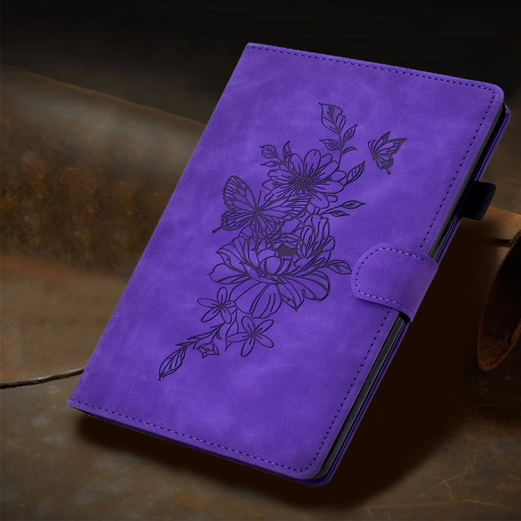 For Samsung Galaxy Tab A11 / A9 Peony Butterfly Embossed Leather Smart Tablet Case(Purple) by bashfashion