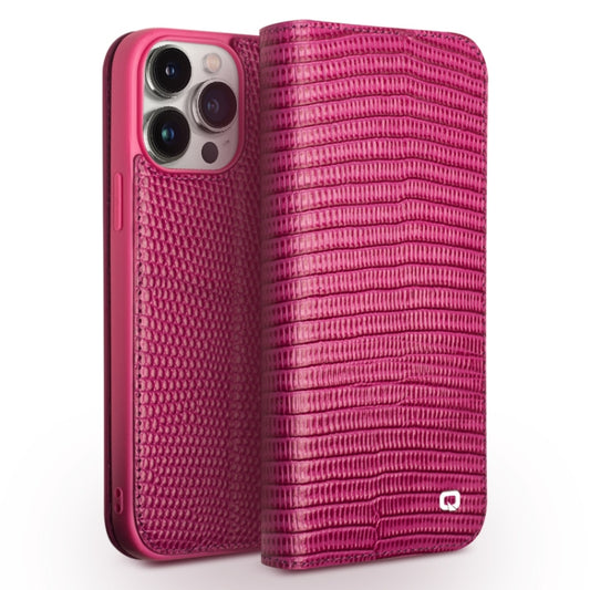 For iPhone 15 Pro Max QIALINO Little Crocodile Texture Genuine Leather Phone Case(Rose Red) by QIALINO