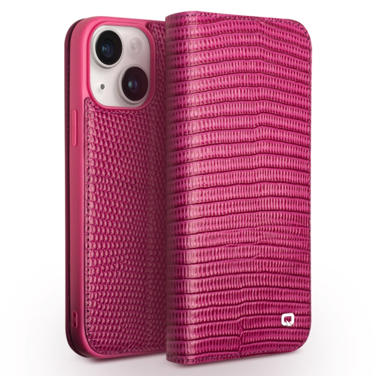 For iPhone 15 QIALINO Little Crocodile Texture Genuine Leather Phone Case(Rose Red) by QIALINO