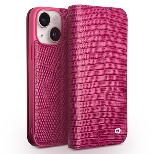 For iPhone 15 QIALINO Little Crocodile Texture Genuine Leather Phone Case(Rose Red) by QIALINO