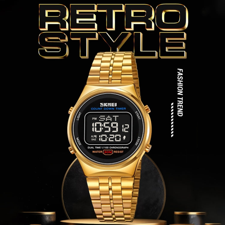 SKMEI 1882 Multifunctional Men 30M Waterproof Luminous Stainless Steel Digital Wrist Watch(Gold White) by SKMEI